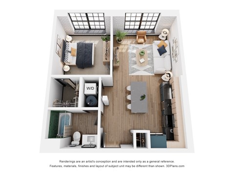 A 3D floor plan of a small apartment with a kitchen, living room, and bathroom.